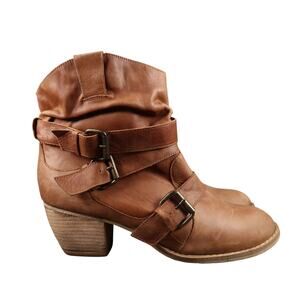 Leather Boots Womens 10 Shoes Block Heel Biker Casual Brown Buckle Strap Pull On